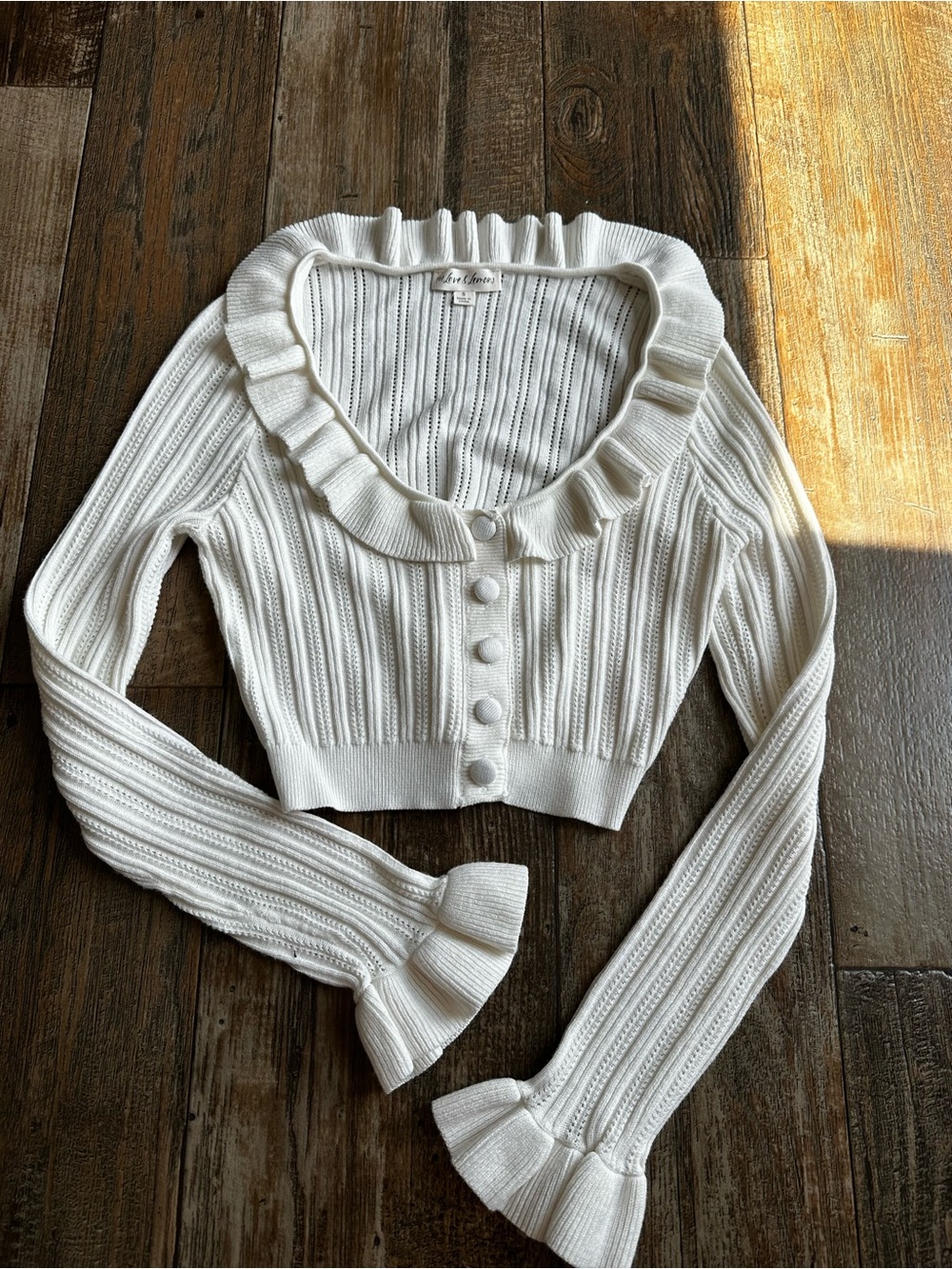 For Love & Lemons White Rib Knit Button Ruffle Collared Girly Cropped Cardigan S